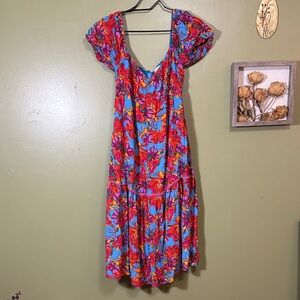 Lost + Wander Floral Blue and Red Tiered Off the Shoulder Dress size small
